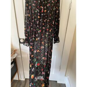 Banana republic chiffon floral clip dot black dress womens 16 sheer long sleeved